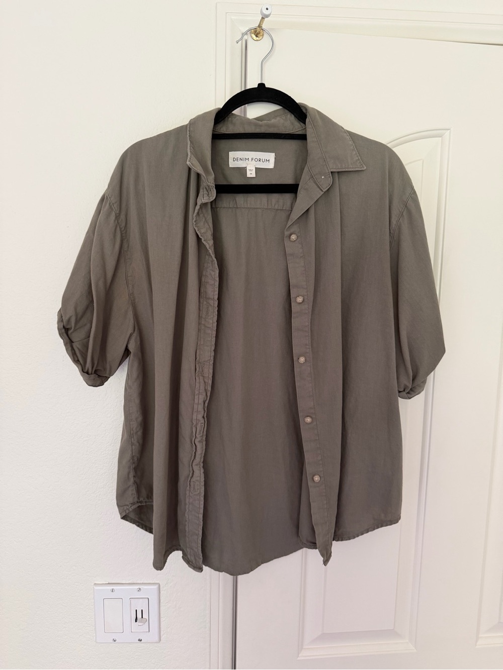 Denim Forum Women’s Oversized Short-Sleeve Button-Up Shirt — Green-Grey